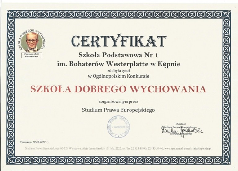  SP nr 1 Kępno uzyskała tytuł „Szkoła dobrego wychowania”