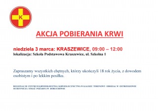  Zbiórka krwi w Kraszewicach w niedzielę 3 marca